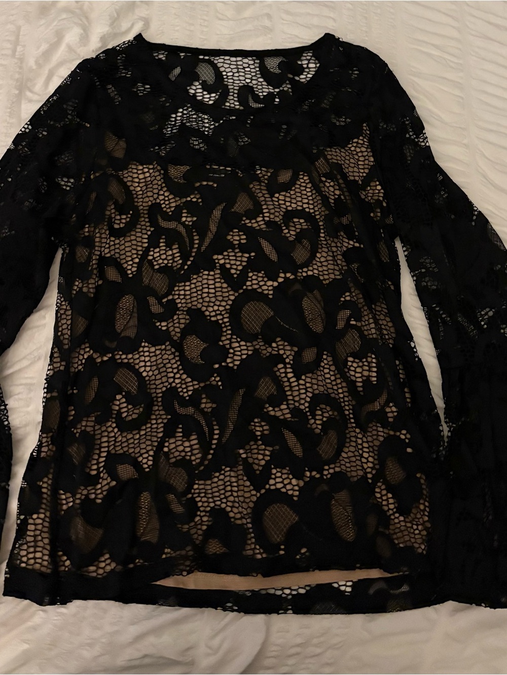 INC International Concepts Black Lace Long-Sleeve Blouse with Nude Lining